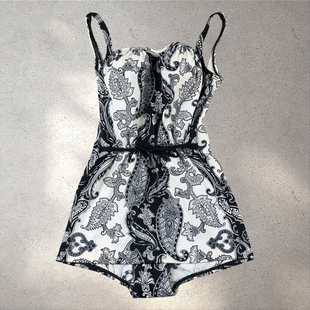 Vintage Jantzen 50s 60s Pinup Retro One Piece Swimsuit Black White Paisley Sz 12